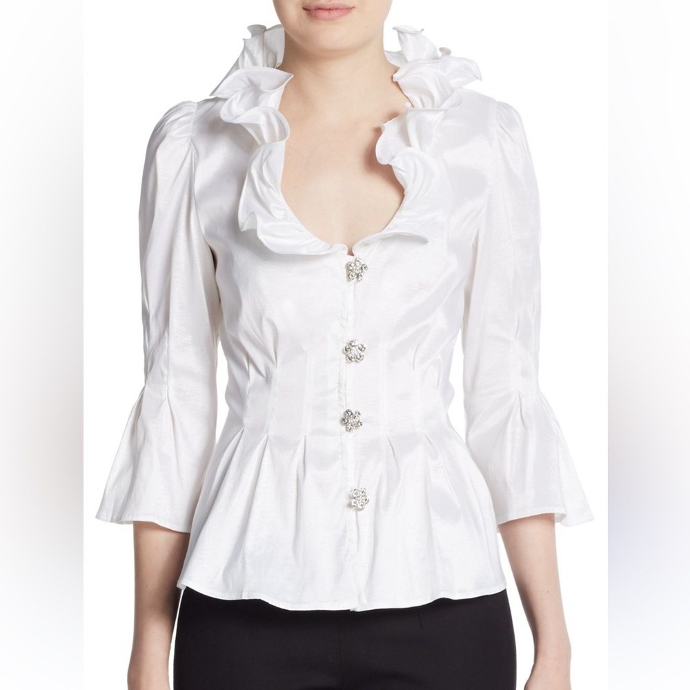 Chetta B ruffle neck button-up blouse, rhinestone buttons